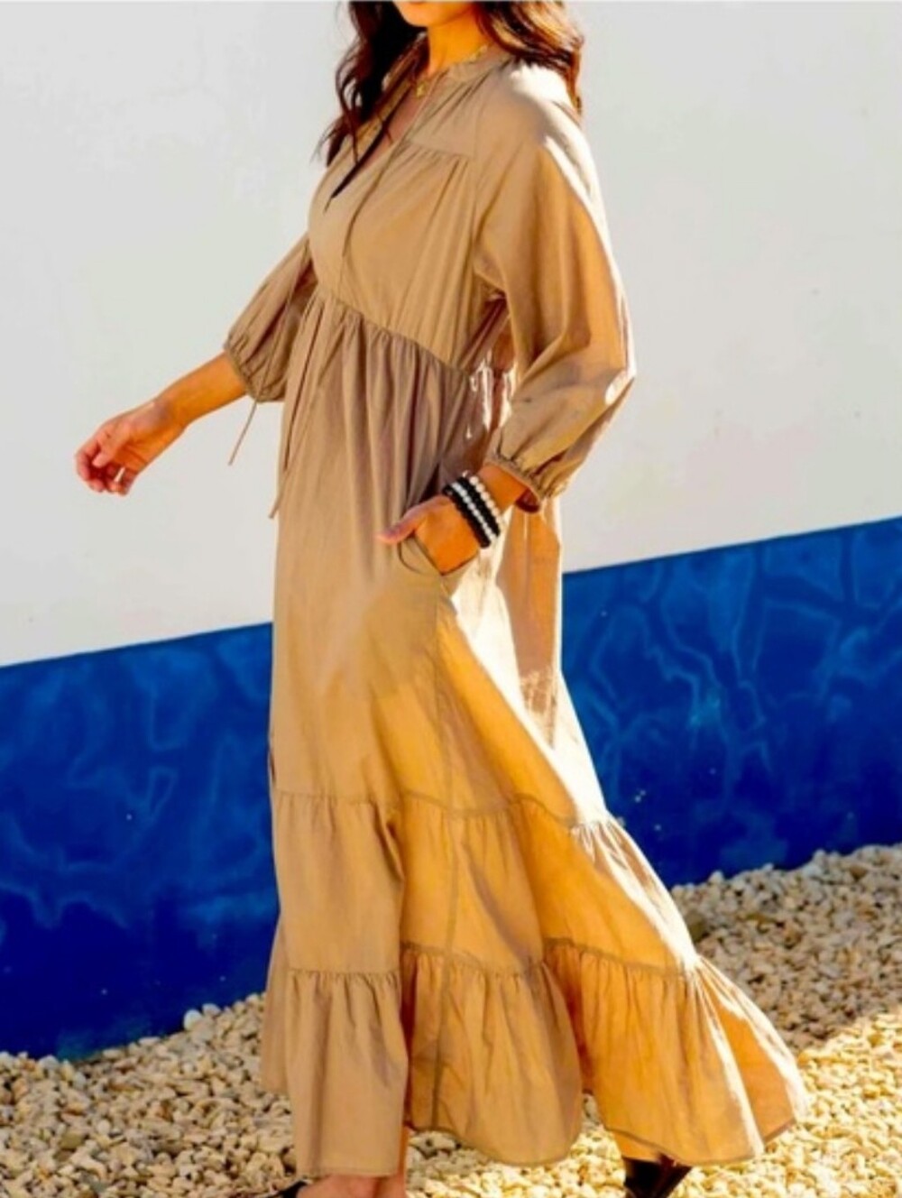 Mersea Birdie Maxi Dress Tan Cotton NWT Tiered Longsleeve L XL